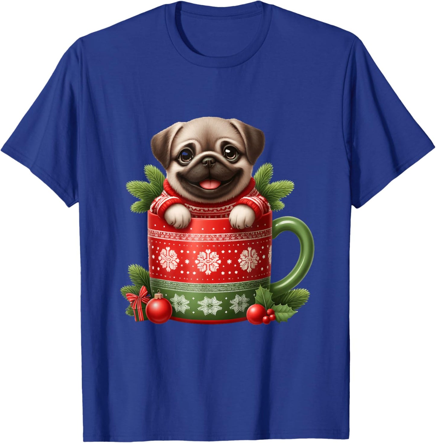 Joyful Pug in Festive Mug Cozy Christmas T-Shirt - T-Shirt | Royal