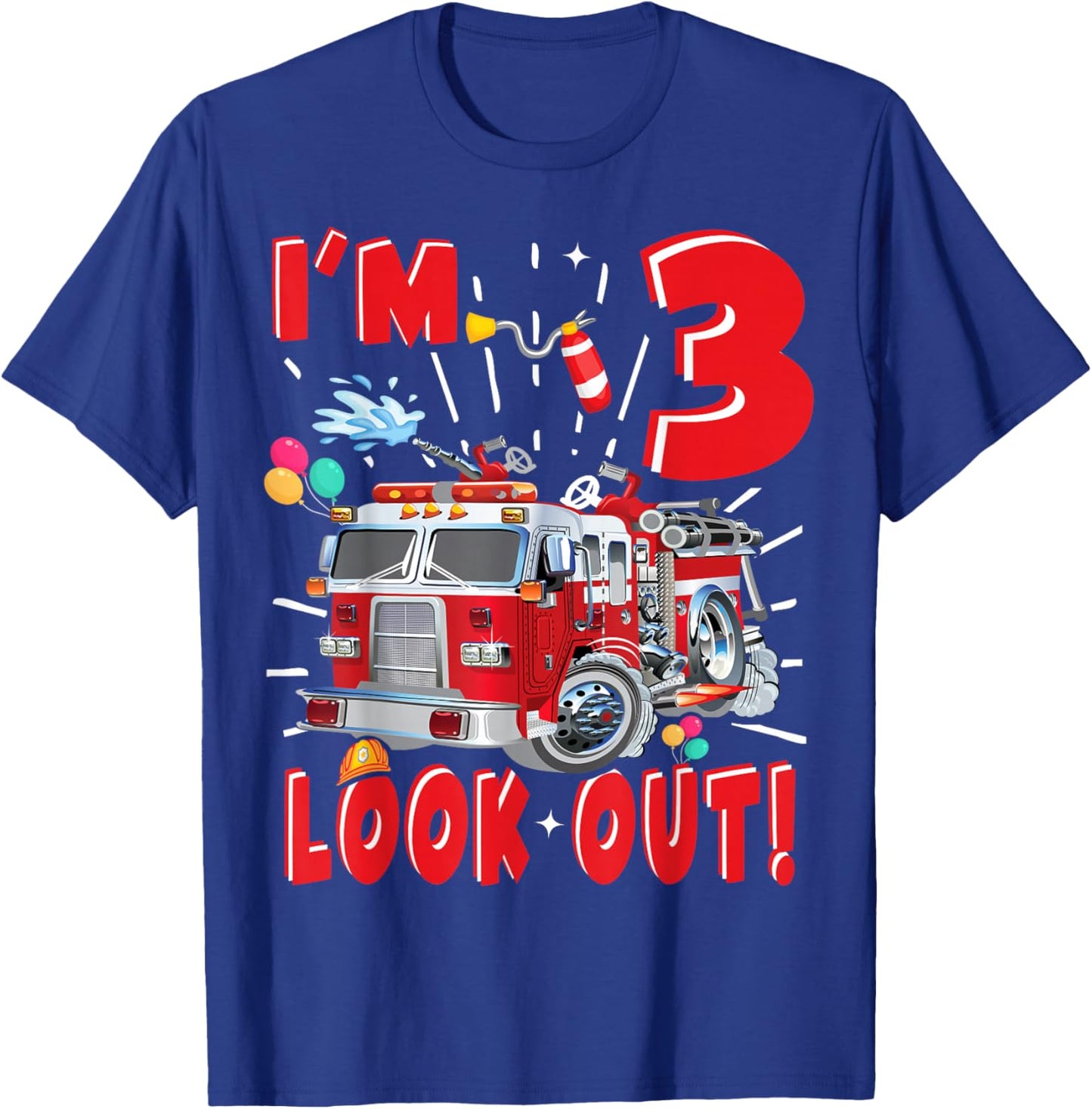 Three 3rd Birthday Fire Truck Boy 3 Year Old Firefighter T-Shirt - T-Shirt | Royal