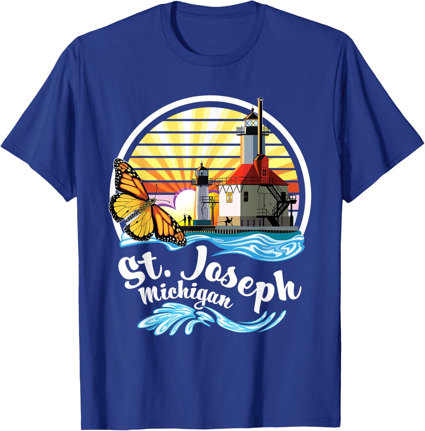 St. Joseph MI Lighthouses & Butterfly at Silver Beach Design T-Shirt - T-Shirt | Royal