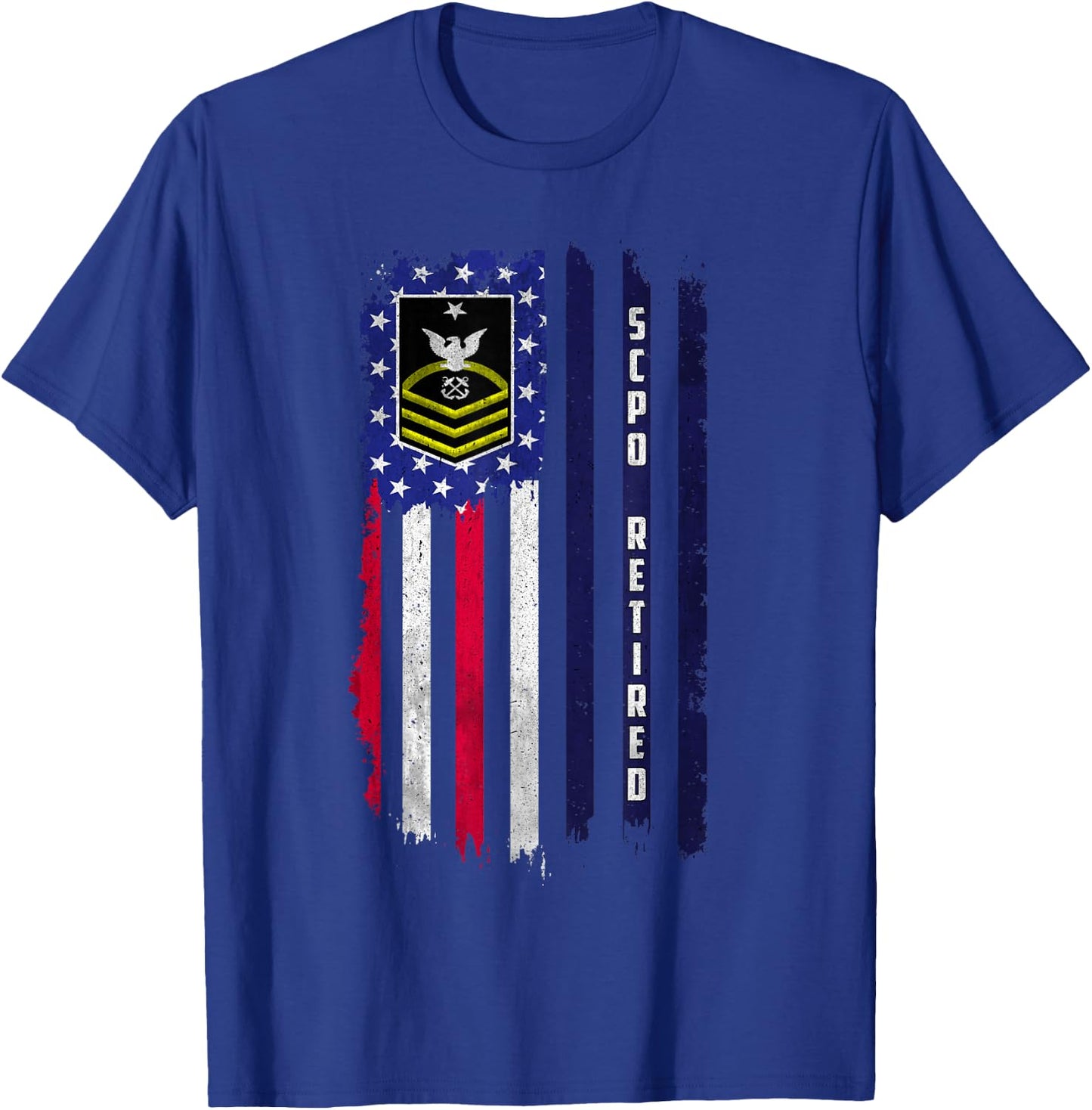 Retired E-8 Senior Chief Petty Officer Rank American Flag T-Shirt - T-Shirt | Royal