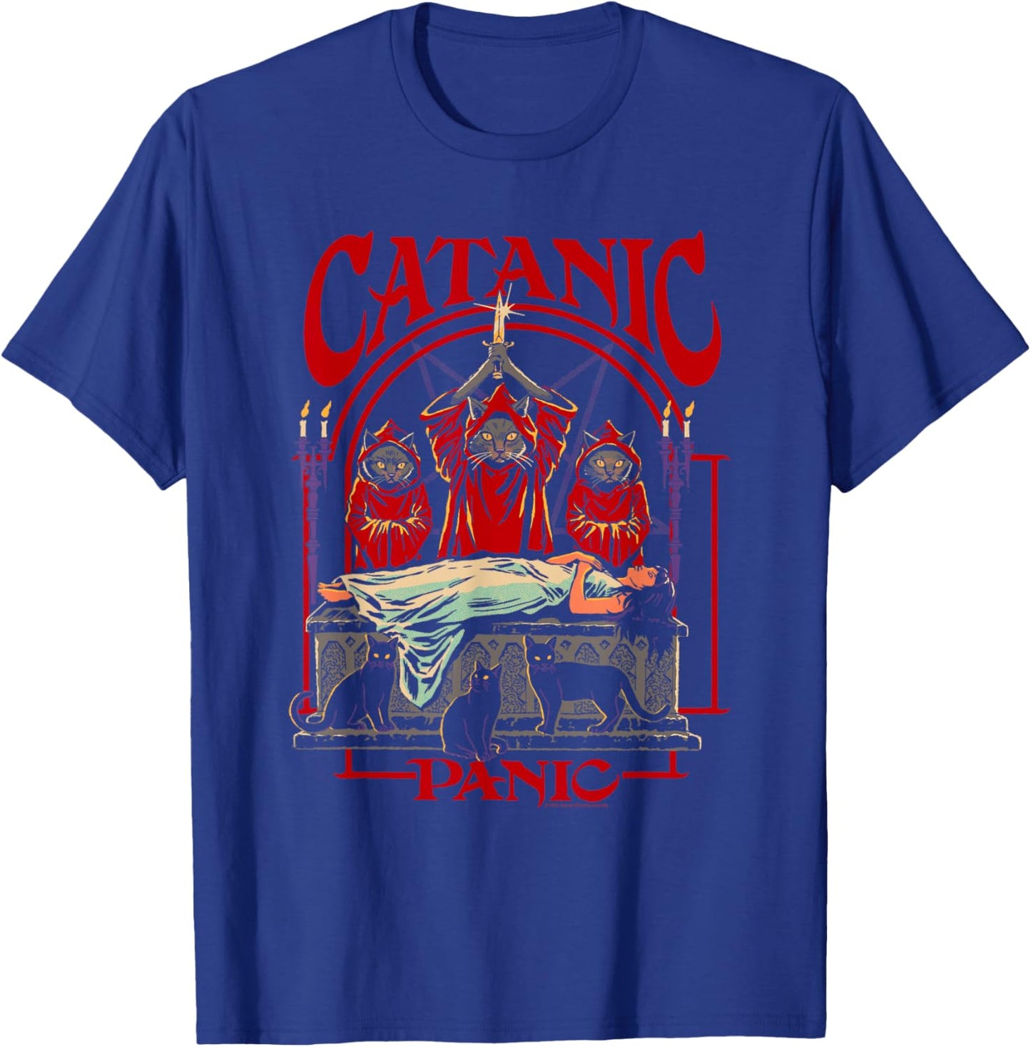 Steven Rhodes Catanic Panic Black Cats Retro Dark Humor T-Shirt - T-Shirt | Royal
