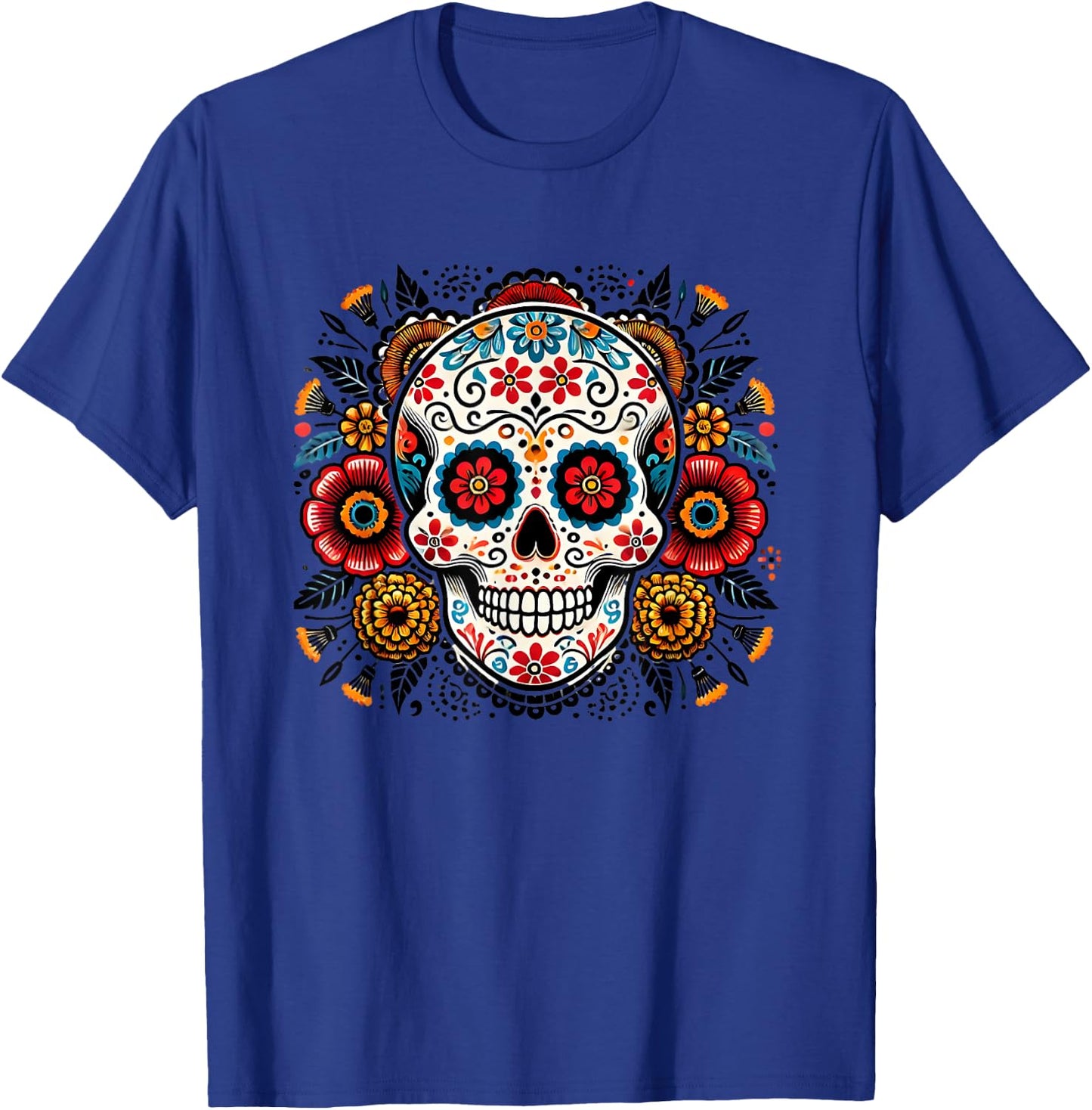 Sugar Skull Floral Art Men Women T-Shirt - T-Shirt | Royal