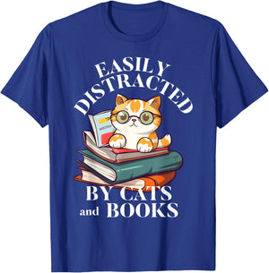 Easily Distracted By Cats And Books Funny Cat Glasses T-Shirt - T-Shirt | Royal