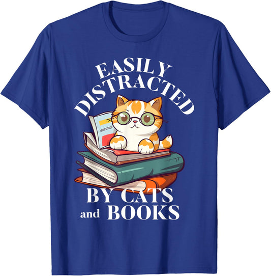 Easily Distracted By Cats And Books Funny Cat Glasses T-Shirt - T-Shirt | Royal