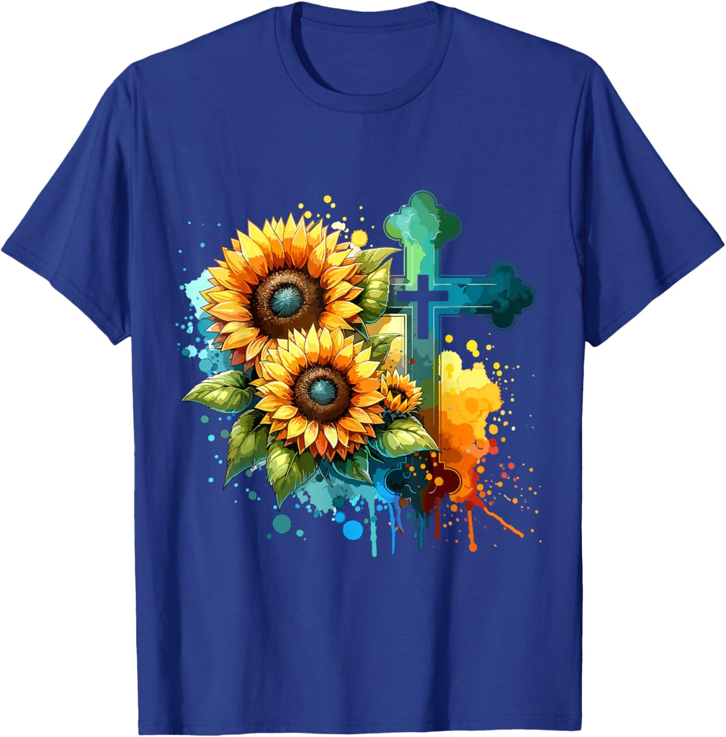 Christian Cross and Sunflowers T-Shirt - T-Shirt | Royal