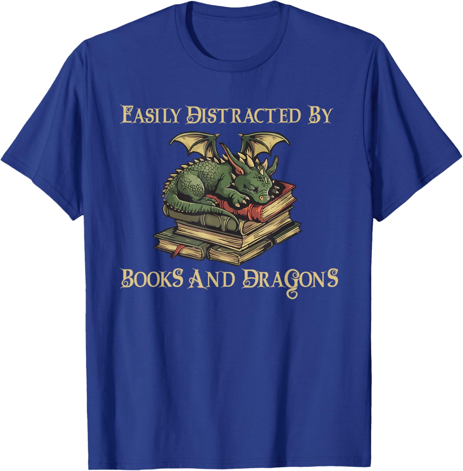 Easily Distracted By Books And Dragons Graphic T-Shirt - T-Shirt | Royal