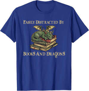 Easily Distracted By Books And Dragons Graphic T-Shirt - T-Shirt | Royal