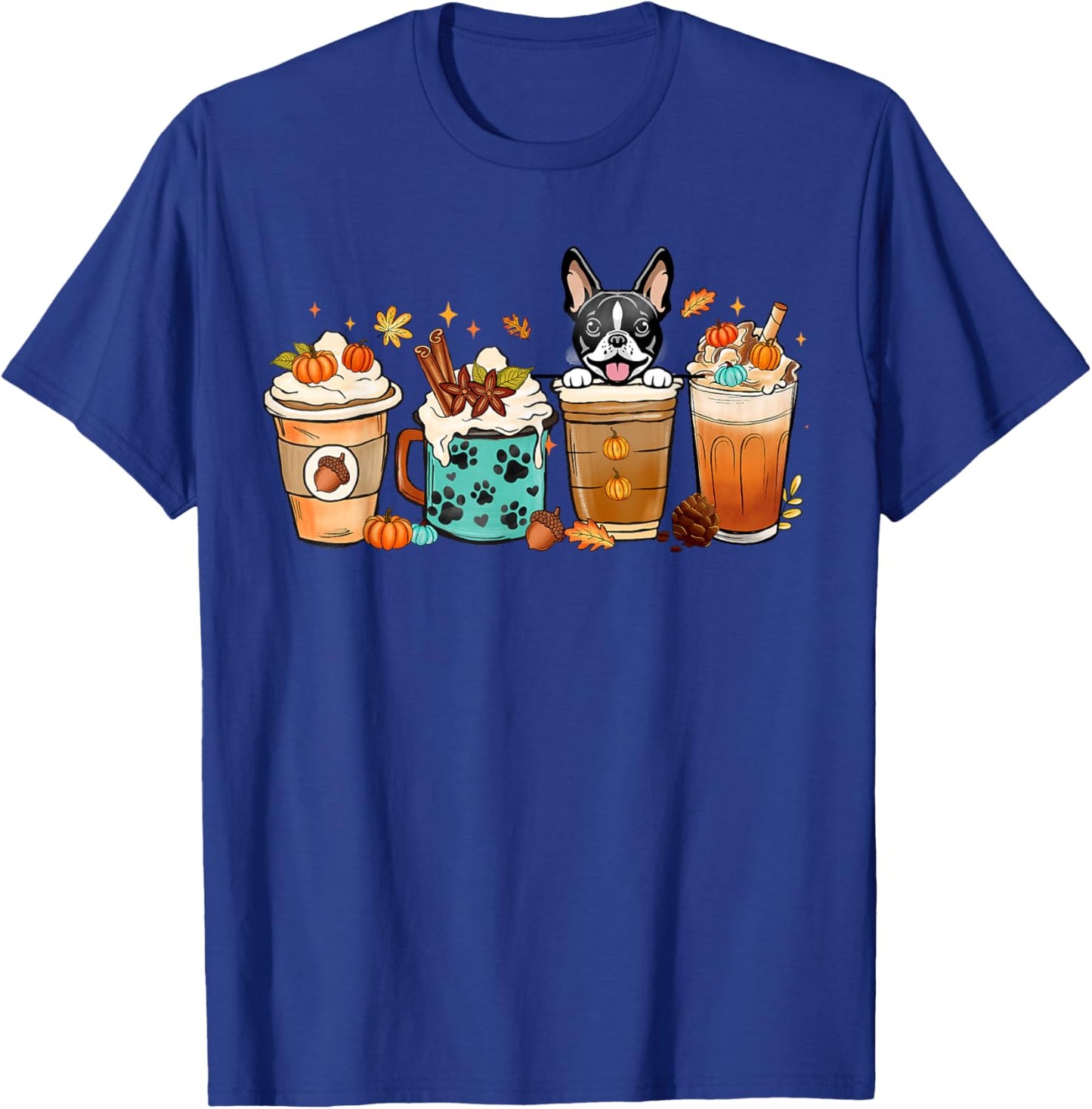 Boston Terrier Dog Fall Autumn Coffee Cups Halloween Pet Men Women T-Shirt - T-Shirt | Royal