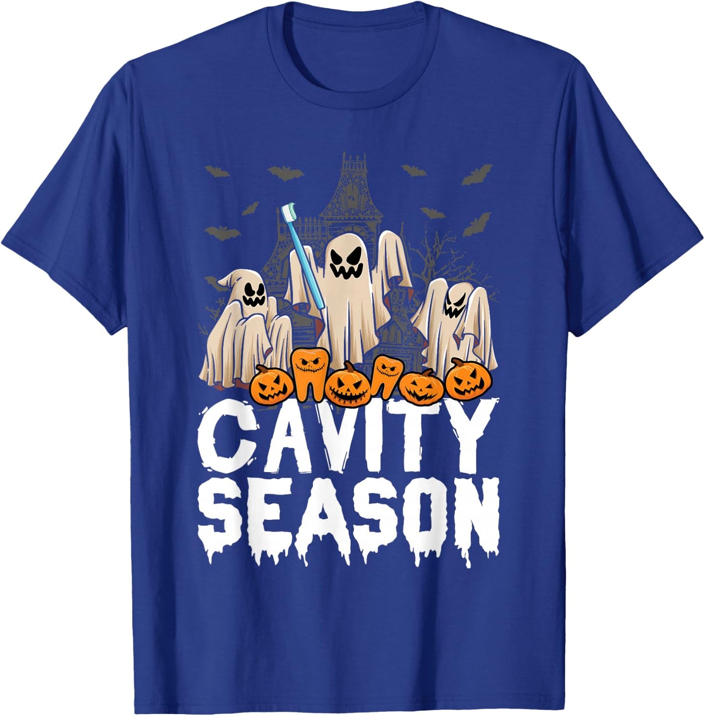 Cavity Season Halloween Funny Dental Ghosts And Toothbrush T-Shirt - T-Shirt | Royal
