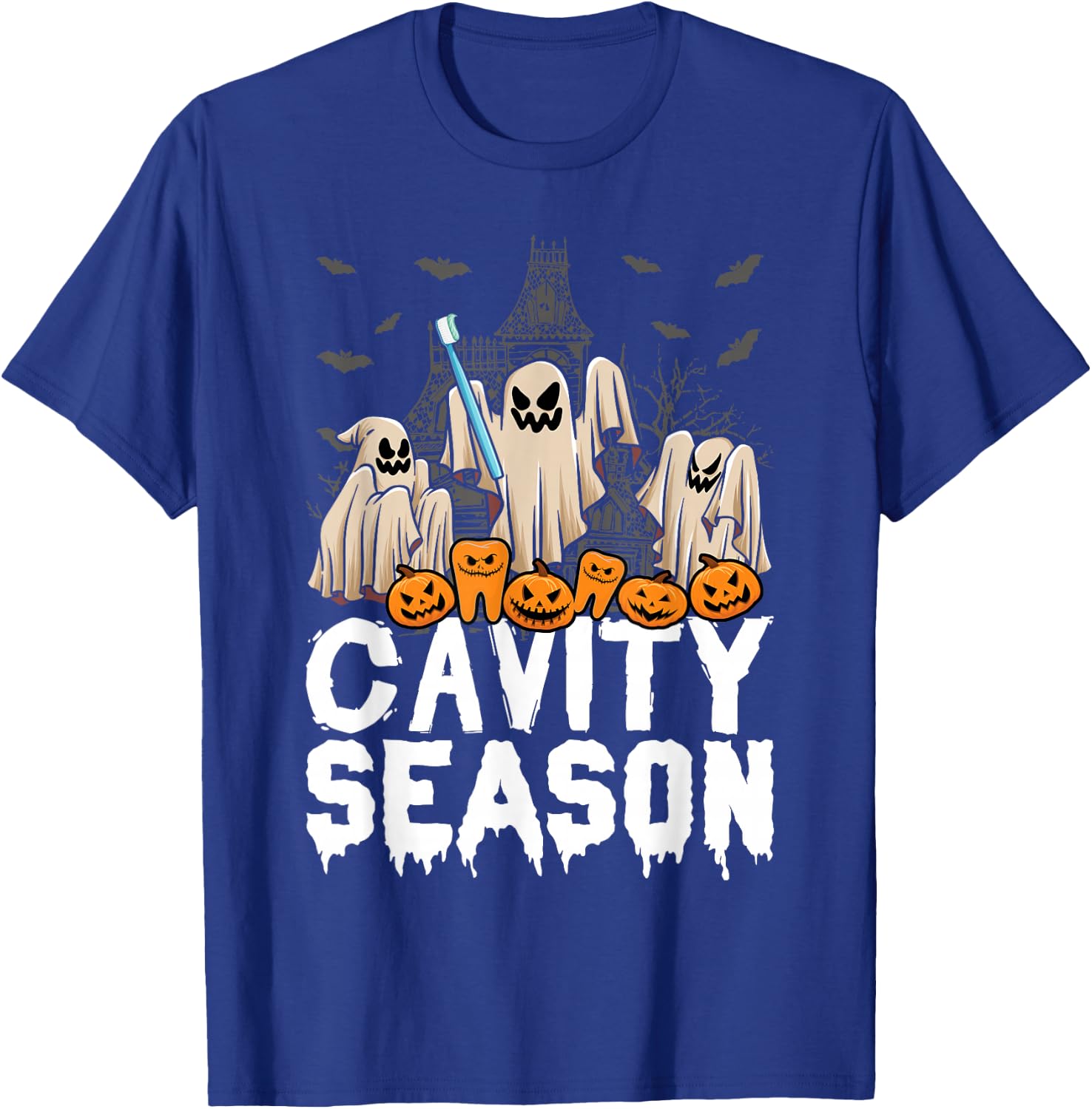 Cavity Season Halloween Funny Dental Ghosts And Toothbrush T-Shirt - T-Shirt | Royal