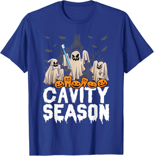 Cavity Season Halloween Funny Dental Ghosts And Toothbrush T-Shirt - T-Shirt | Royal
