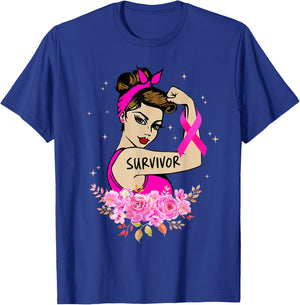 Breast Cancer Survivor Rosie Riveter Pink Awareness Women T-Shirt - T-Shirt | Royal