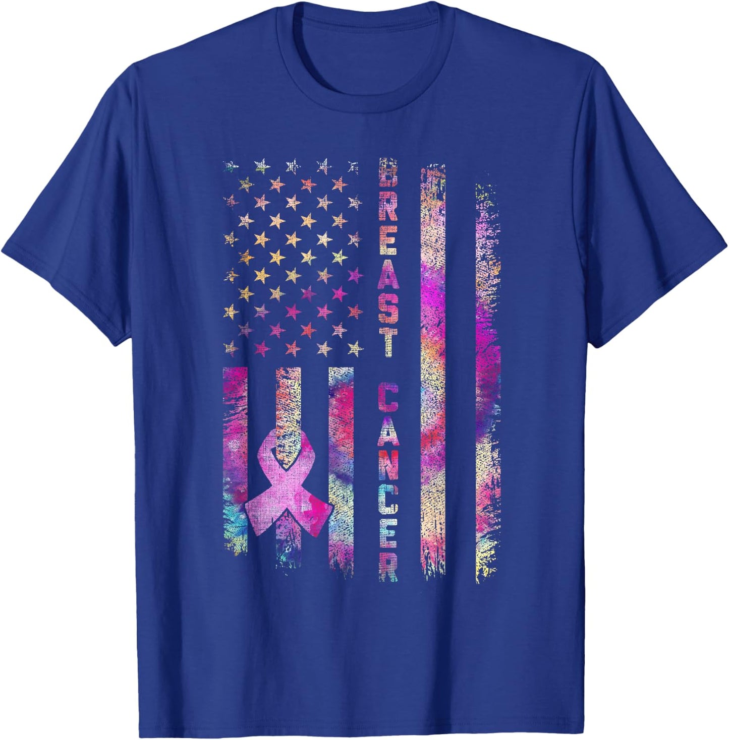 American Flag Breast Cancer Awareness Support Tie Dye T-Shirt - T-Shirt | Royal