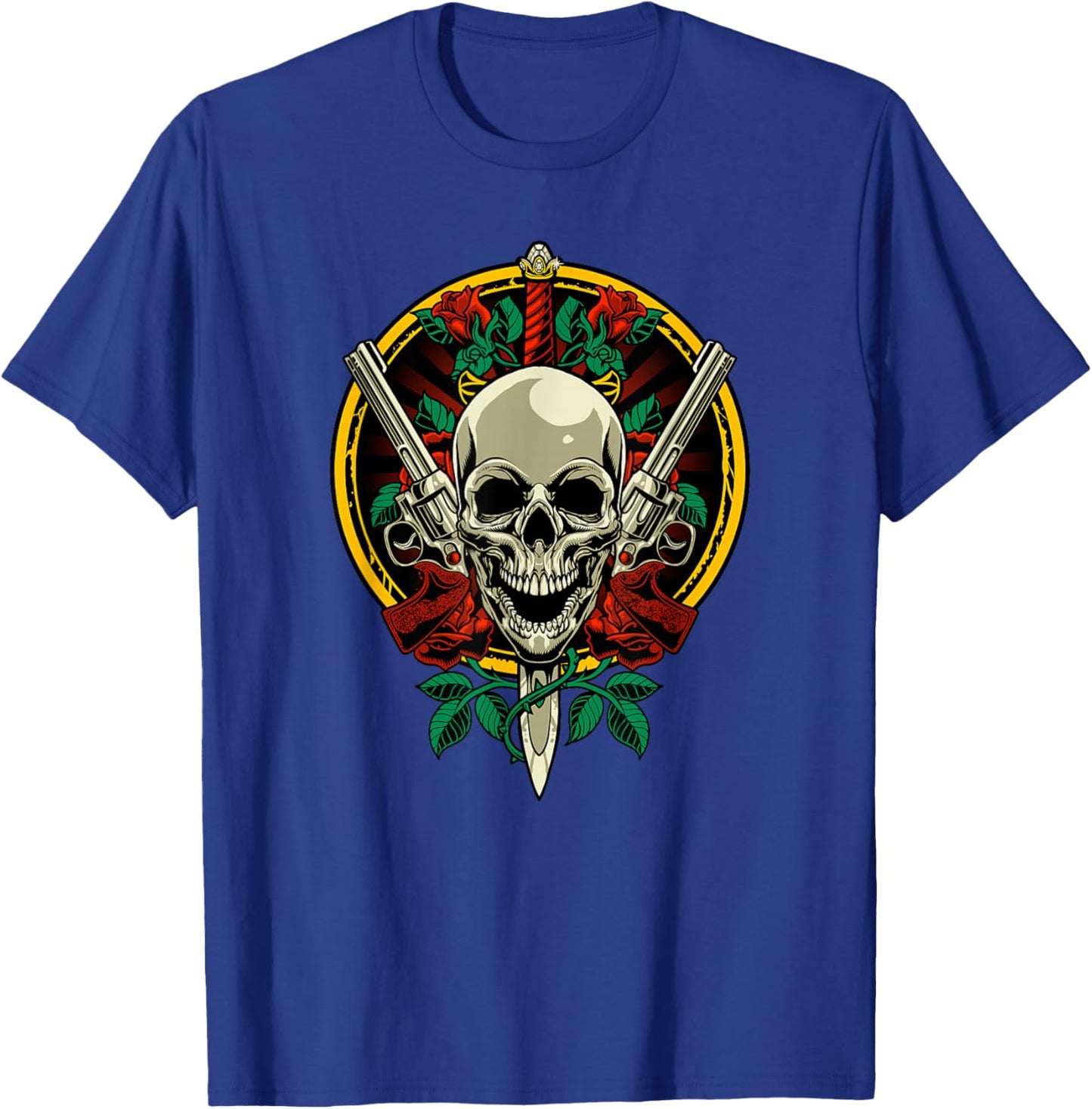 Skull Face with Roses - 80s 90s Rock Music Guns and Skull T-Shirt - T-Shirt | Royal