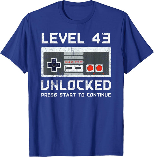 43 Year Old Forty-Three Birthday Gift Level 43 Unlocked Game T-Shirt - T-Shirt | Royal