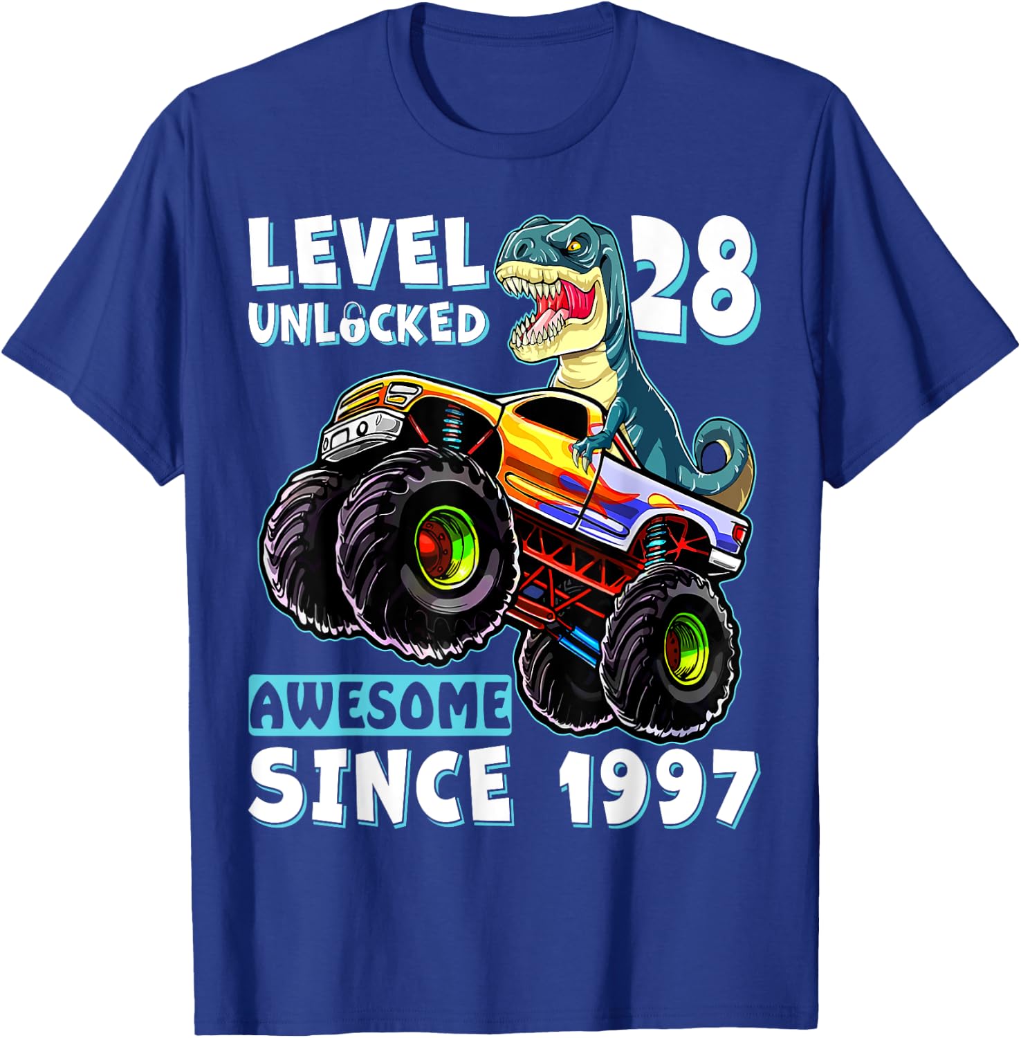 Level 28 Unlocked T Rex Monster Truck Dinosaur 28th Birthday T-Shirt - T-Shirt | Royal