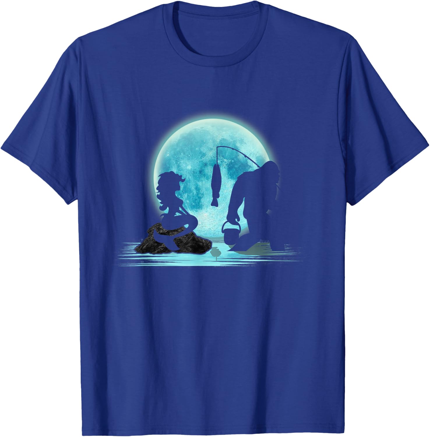Bigfoot Fishing with Mermaid Funny Sasquatch Fish under Moon T-Shirt - T-Shirt | Royal