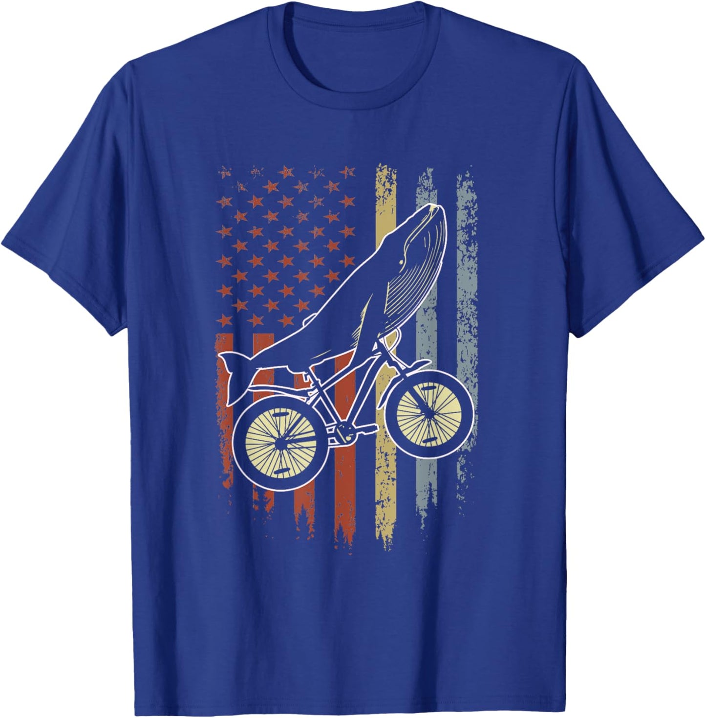 Whale Riding Bicycle Vintage USA FLag Mountain Biking Whale T-Shirt - T-Shirt | Royal
