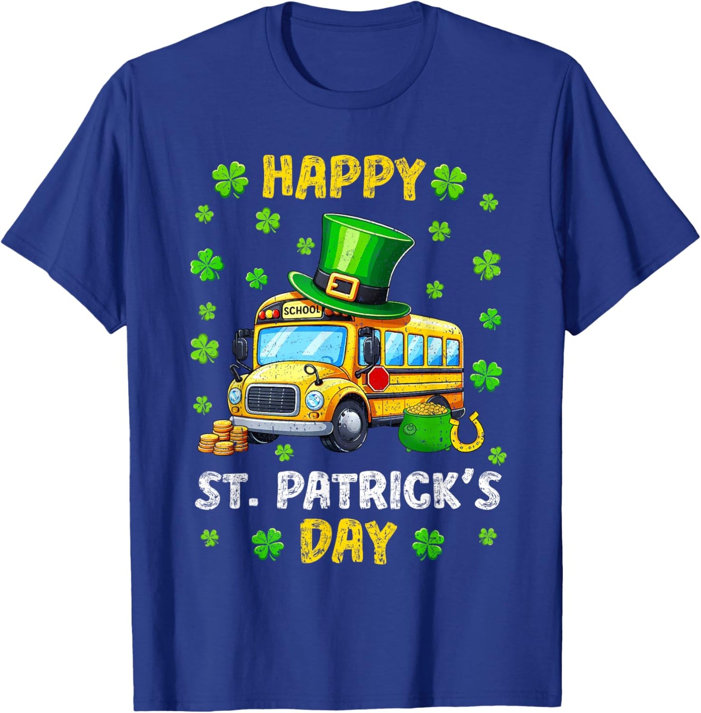 Vintage Happy St. Patrick's Day School Bus Shamrocks Driver T-Shirt - T-Shirt | Royal