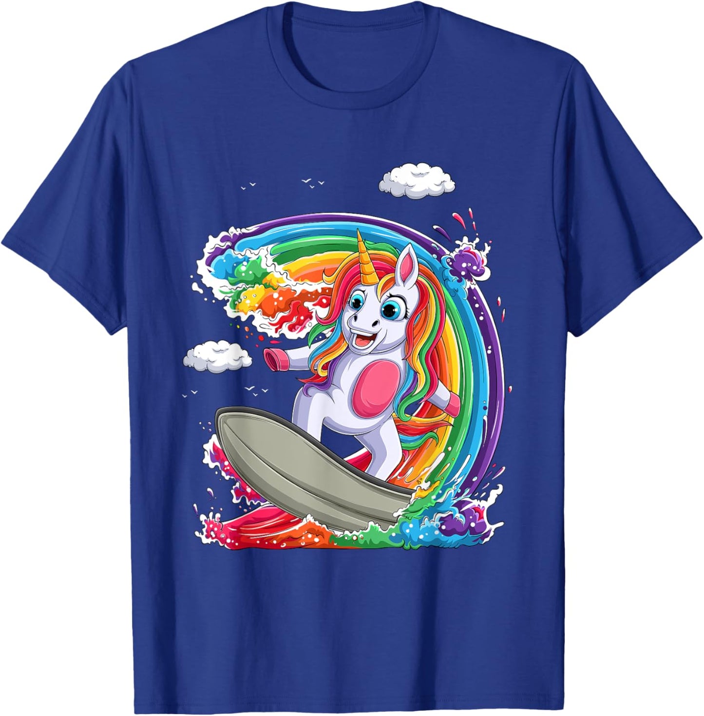 Cute Unicorn Girls Women Unicorn Surfing on Rainbow Wave T-Shirt - T-Shirt | Royal
