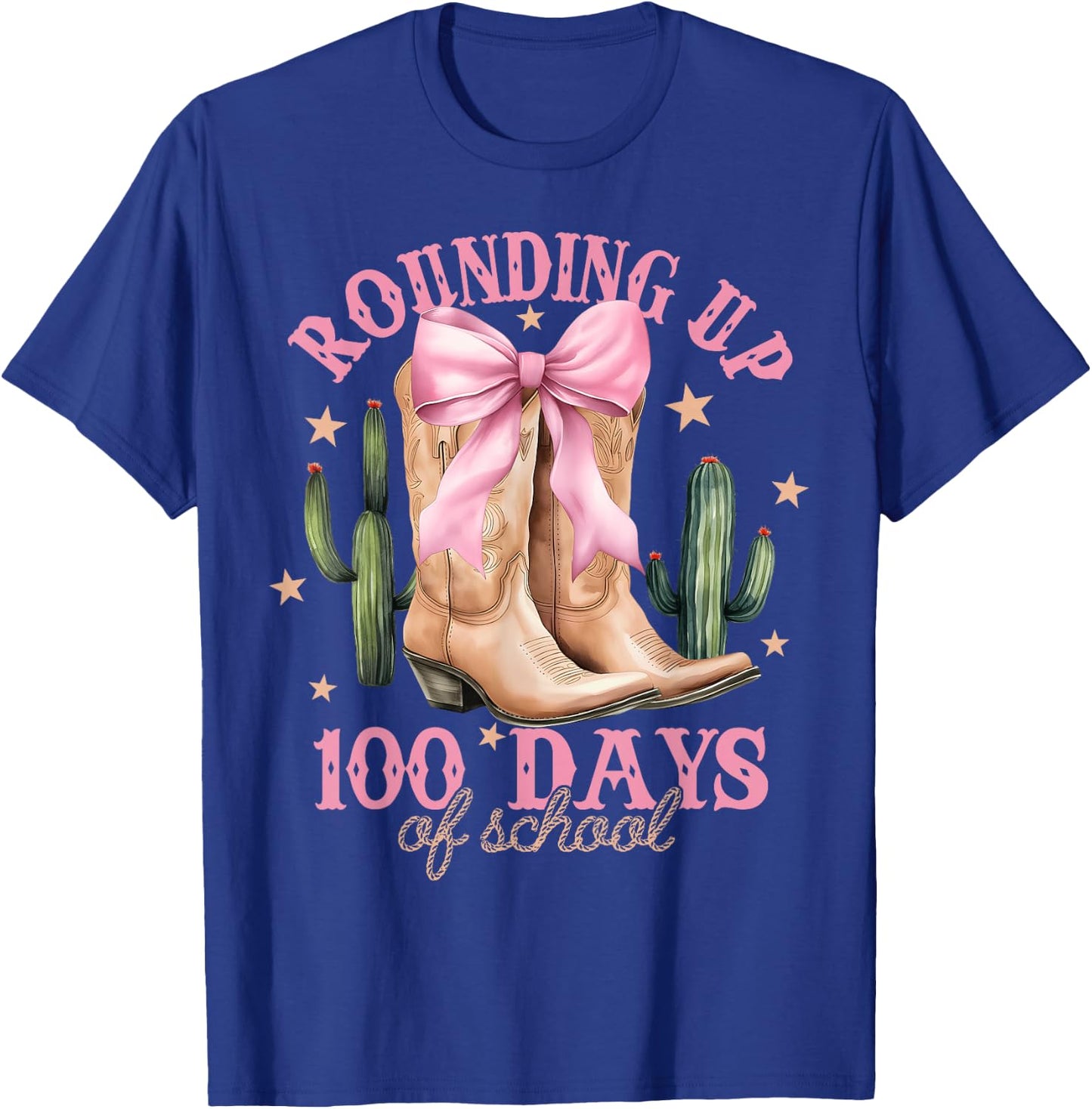 Rounding Up 100 Days Of School Pink Coquette Bow Teacher T-Shirt - T-Shirt | Royal