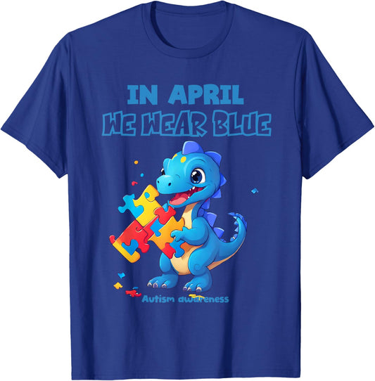 In april we wear blue autism awareness month dinasour t-rex T-Shirt - T-Shirt | Royal