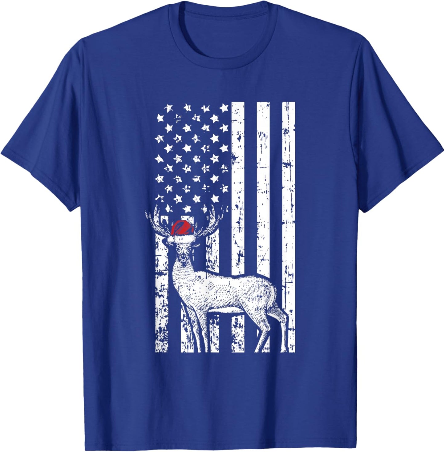Deer Hunting Elk Santa Hat American Flag Christmas Gifts Kids Men T-Shirt - T-Shirt | Royal
