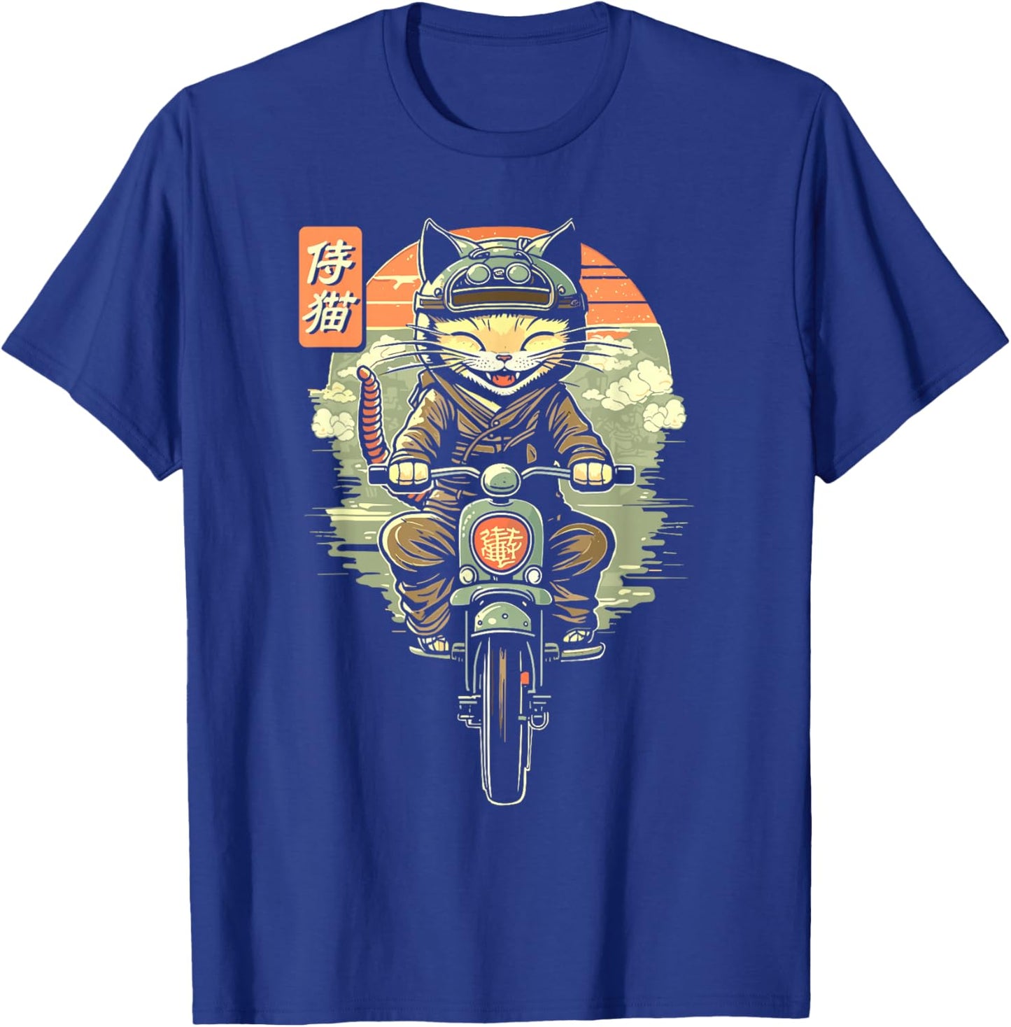 Japanese Samurai Cat on Motorcycle Kawaii Ninja Cat T-Shirt - T-Shirt | Royal