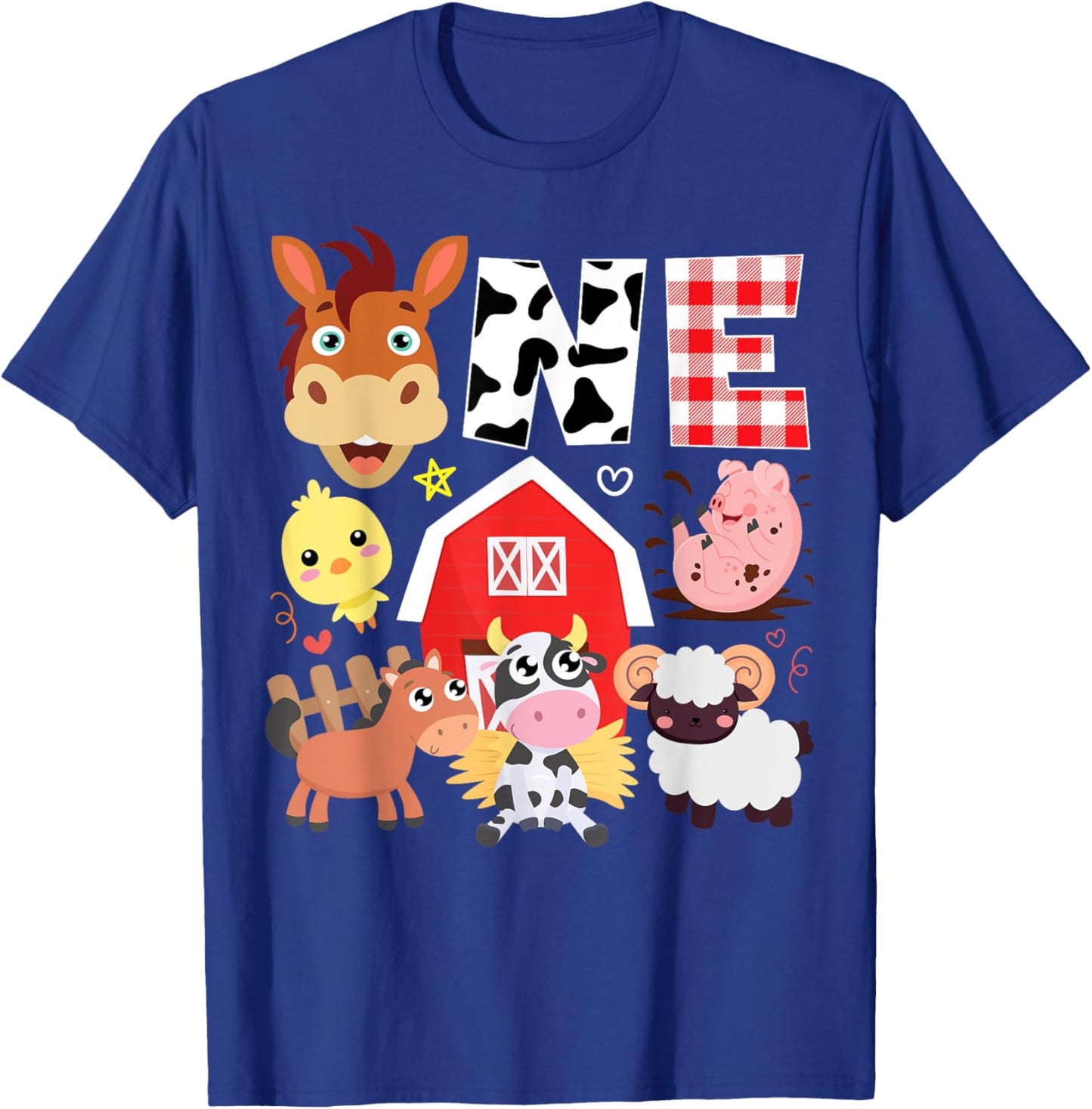 1st Birthday One Year Old Farm Theme Animals Birthday Party T-Shirt - T-Shirt | Royal