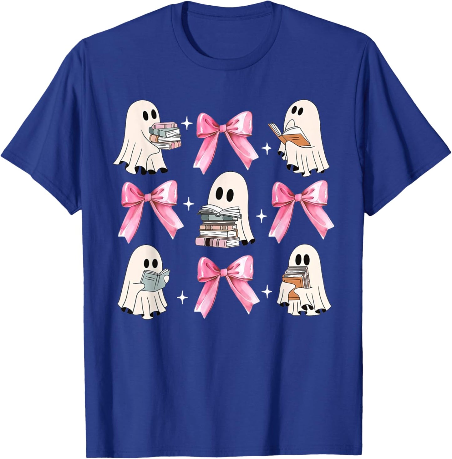 Little Pink Bow Ghost Reading Books Halloween Coquette Book T-Shirt - T-Shirt | Royal