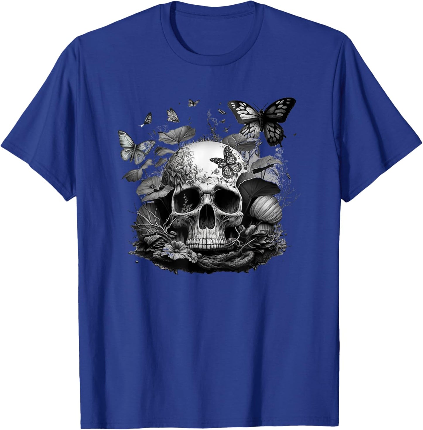 Skull with Vibrant Butterfly flower and mushroom T-Shirt - T-Shirt | Royal