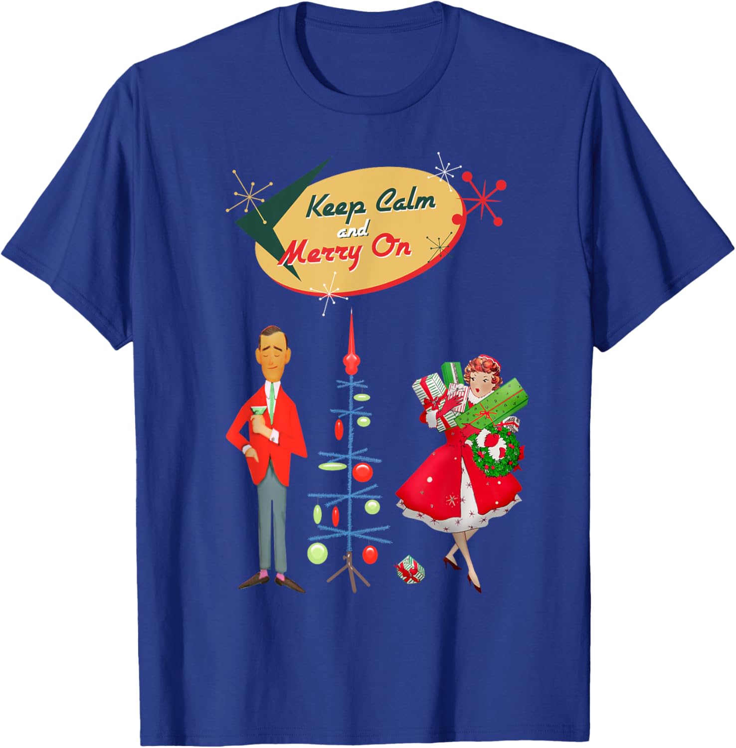Retro Mid Century Christmas Keep Calm and Merry On Funny T-Shirt - T-Shirt | Royal