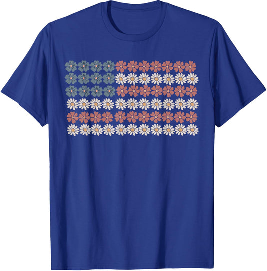 Retro Daisy Flower American Flag Women 4th of July Patriotic T-Shirt - T-Shirt | Royal