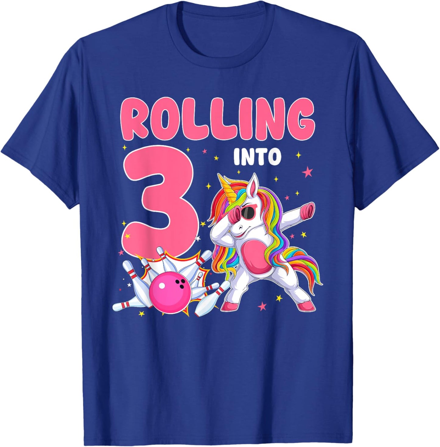 Rolling Into 3 3rd Birthday Unicorn Bowling 3 Year Old T-Shirt - T-Shirt | Royal