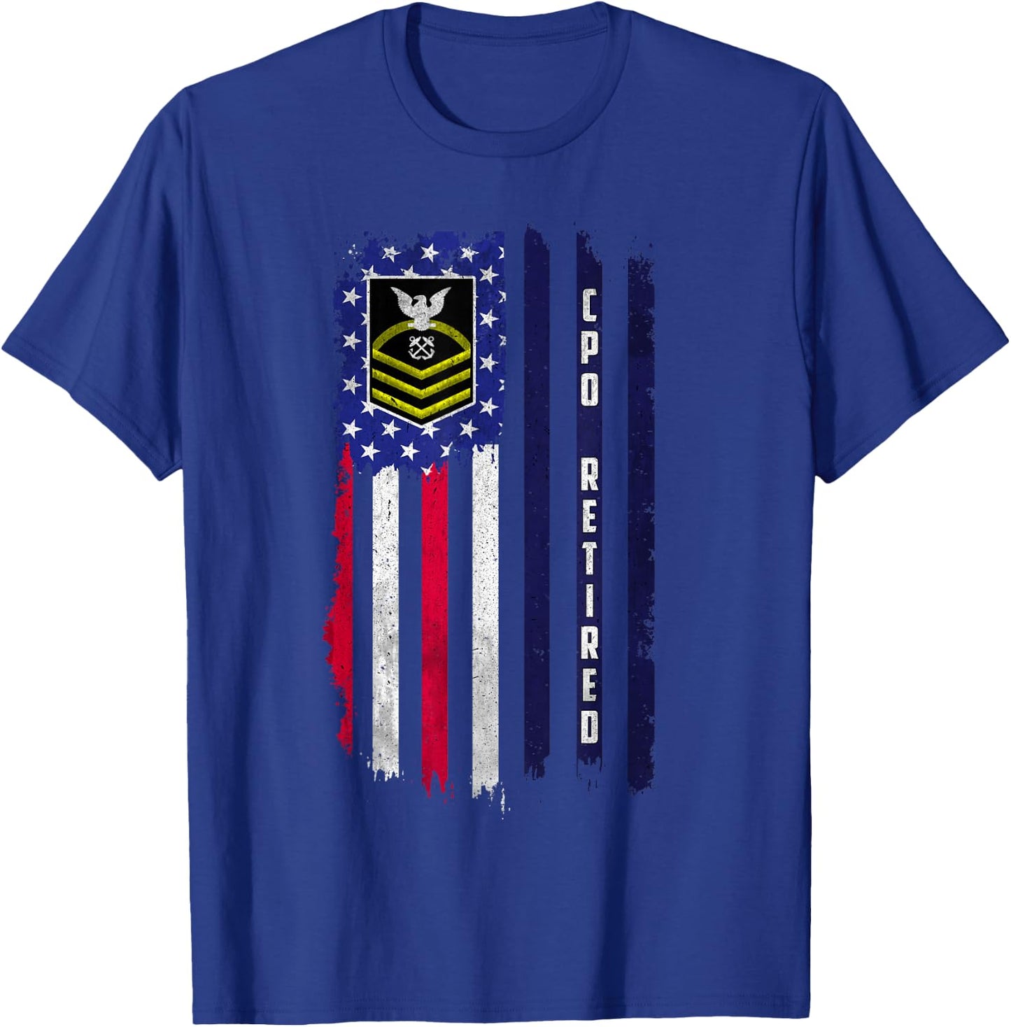 Retired E-7 Chief Petty Officer CPO Rank American Flag Papa T-Shirt - T-Shirt | Royal