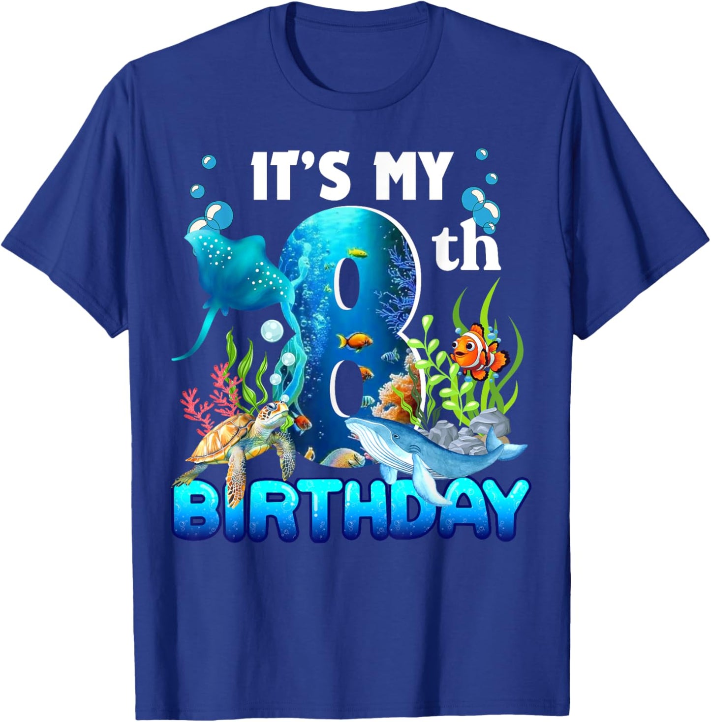 It's My 8th Birthday Party Ocean 8 Years Old Sea Fish B-Day T-Shirt - T-Shirt | Royal