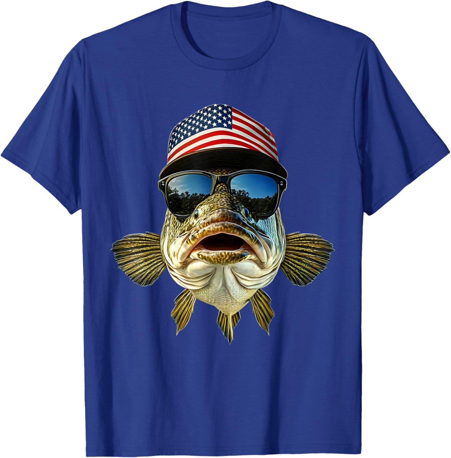 Bass Fishing Outfit USA Flag America Cap and Sunglasses T-Shirt - T-Shirt | Royal