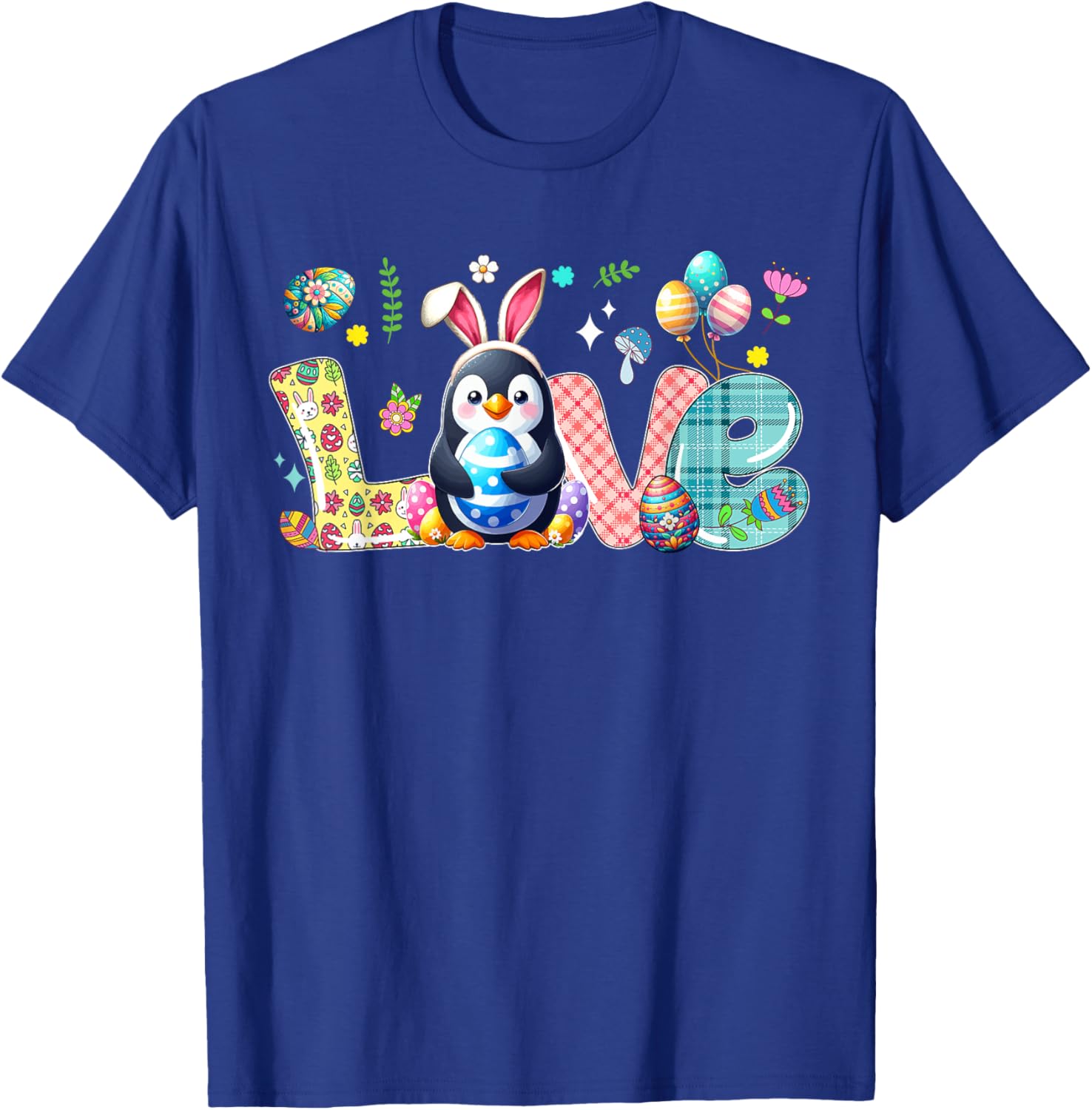 Love Easter Bunny Penguin Hunting Eggs Flowers Colourful T-Shirt - T-Shirt | Royal