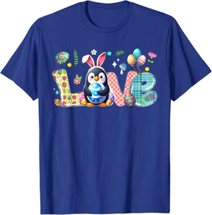 Love Easter Bunny Penguin Hunting Eggs Flowers Colourful T-Shirt - T-Shirt | Royal