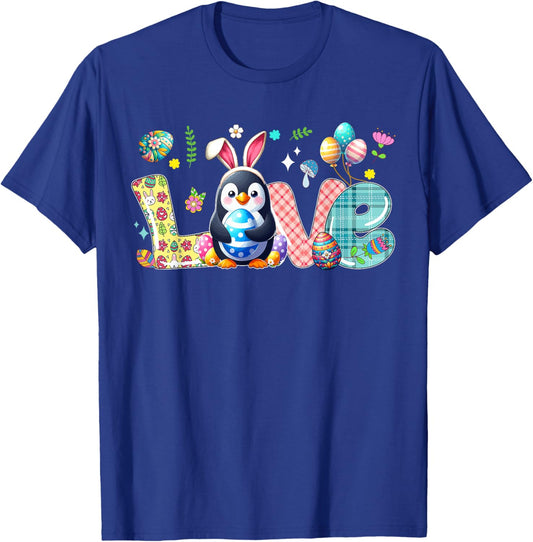 Love Easter Bunny Penguin Hunting Eggs Flowers Colourful T-Shirt - T-Shirt | Royal