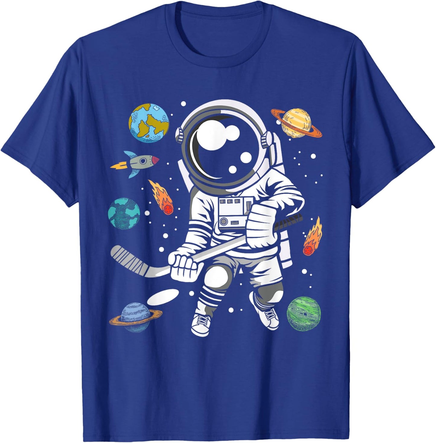 Funny Hockey Player Cosmonaut Outer Space Astronaut T-Shirt - T-Shirt | Royal