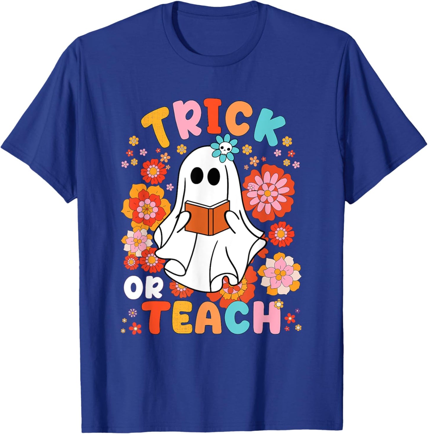 Groovy Halloween Trick or Teach Retro Floral Ghost Teacher Women Kids T-Shirt - T-Shirt | Royal