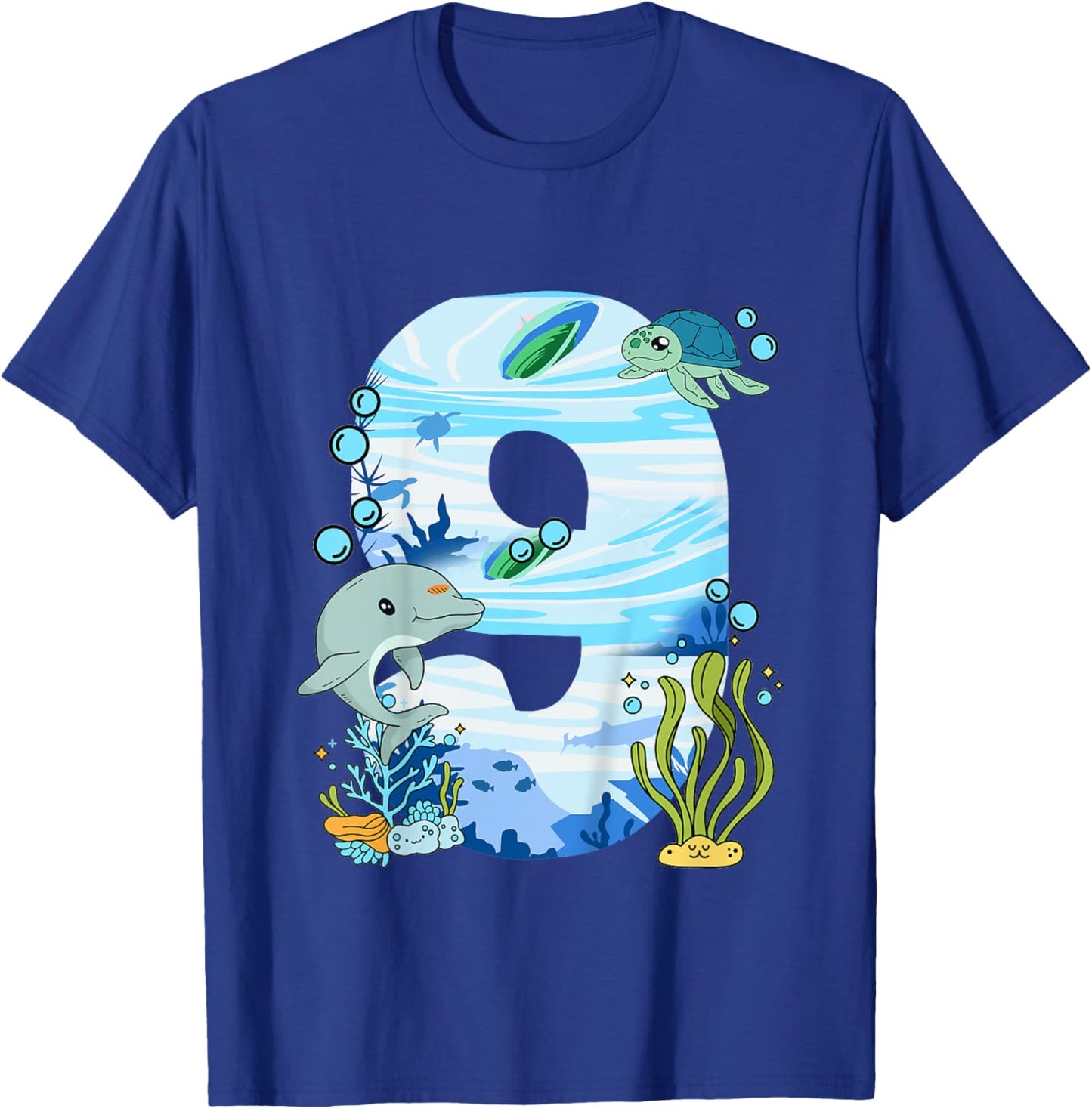 Underwater 9 Years Old - Dolphin And Turtle 9th Birthday T-Shirt - T-Shirt | Royal