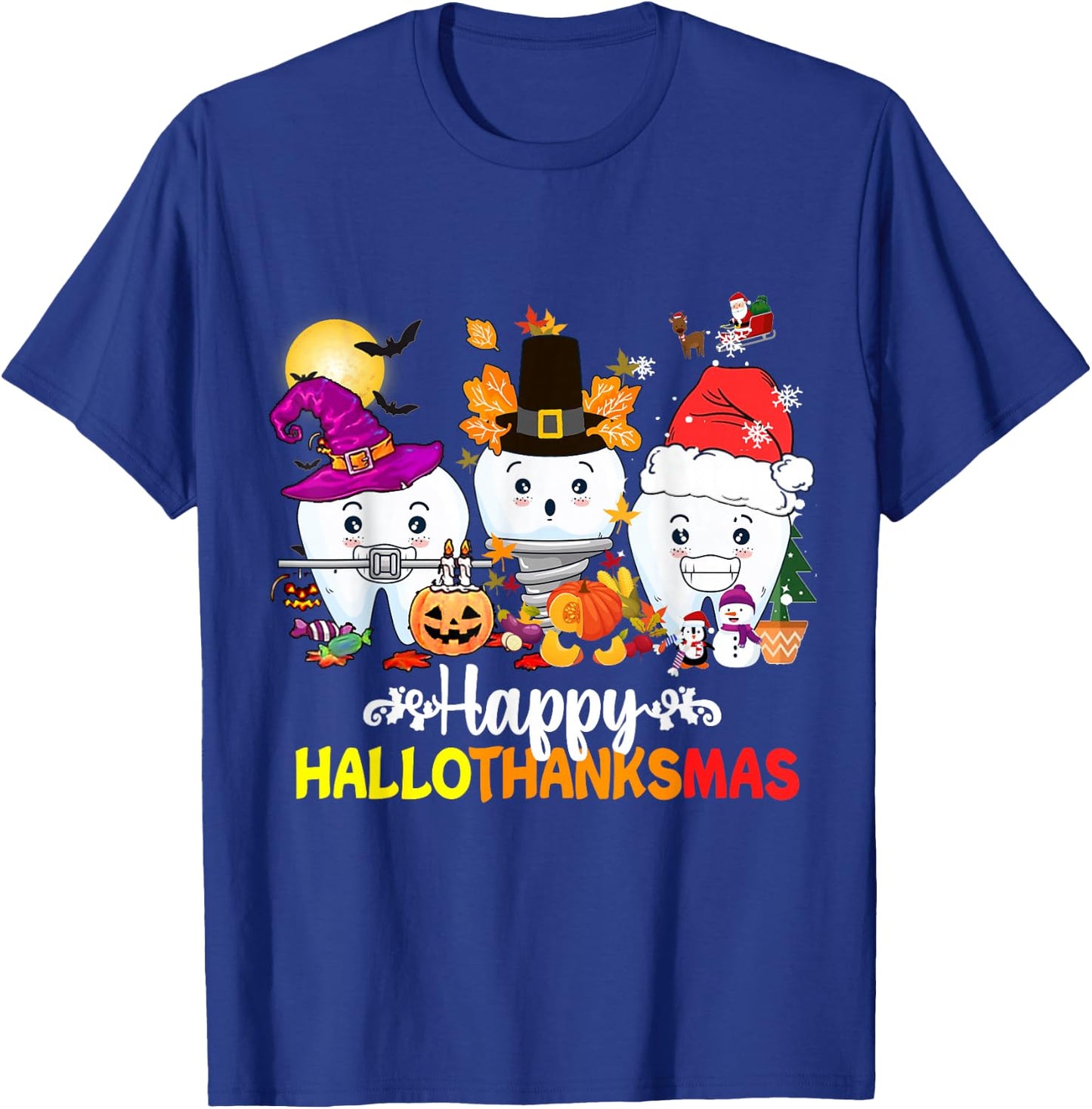 Dental Halloween Thanksgiving Christmas Happy HalloThanksmas T-Shirt - T-Shirt | Royal