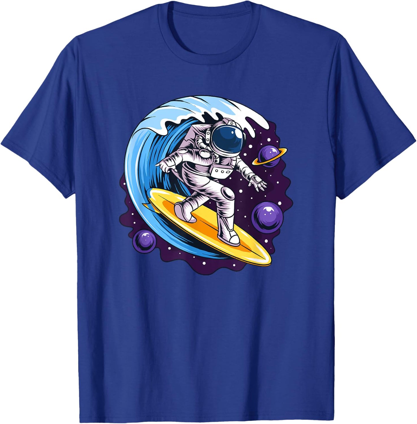 Astronauts Surf On A Surfboard In Space With Stars Planets T-Shirt - T-Shirt | Royal