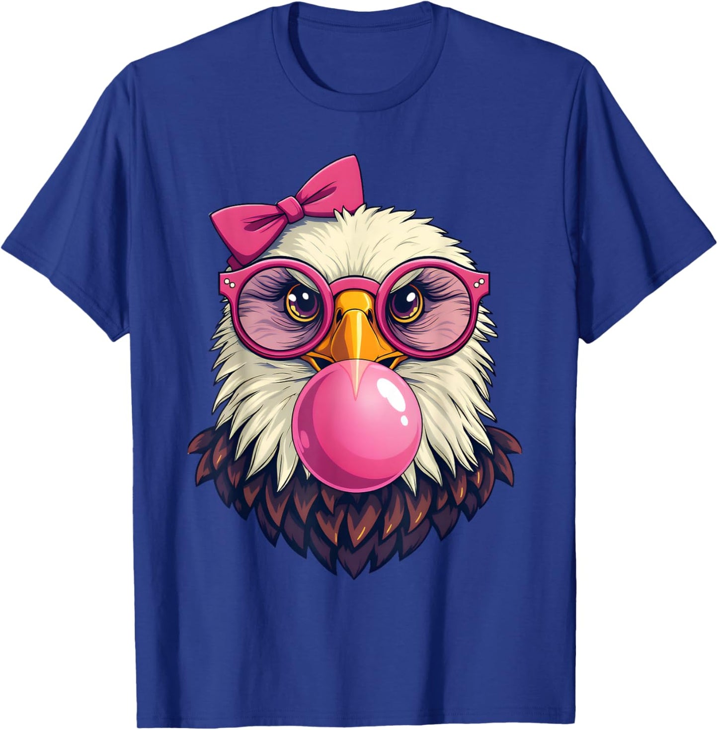 Cute Girl Bald Eagle Glasses Pink Bow Bubble Gum Eagle Lover T-Shirt - T-Shirt | Royal