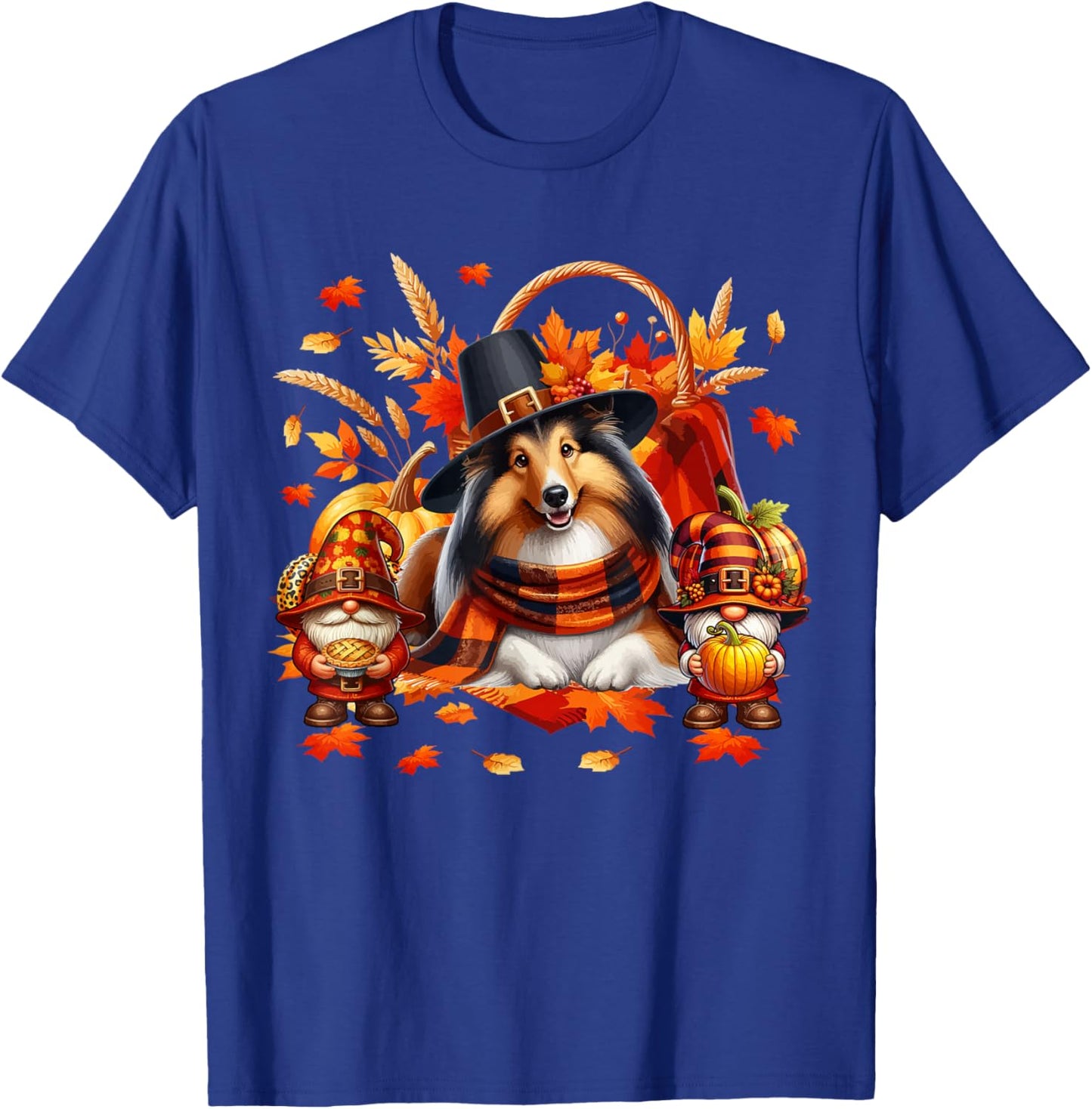 Thanksgiving Sheltie With Gnomes Fall Leaves Pumpkins T-Shirt - T-Shirt | Royal