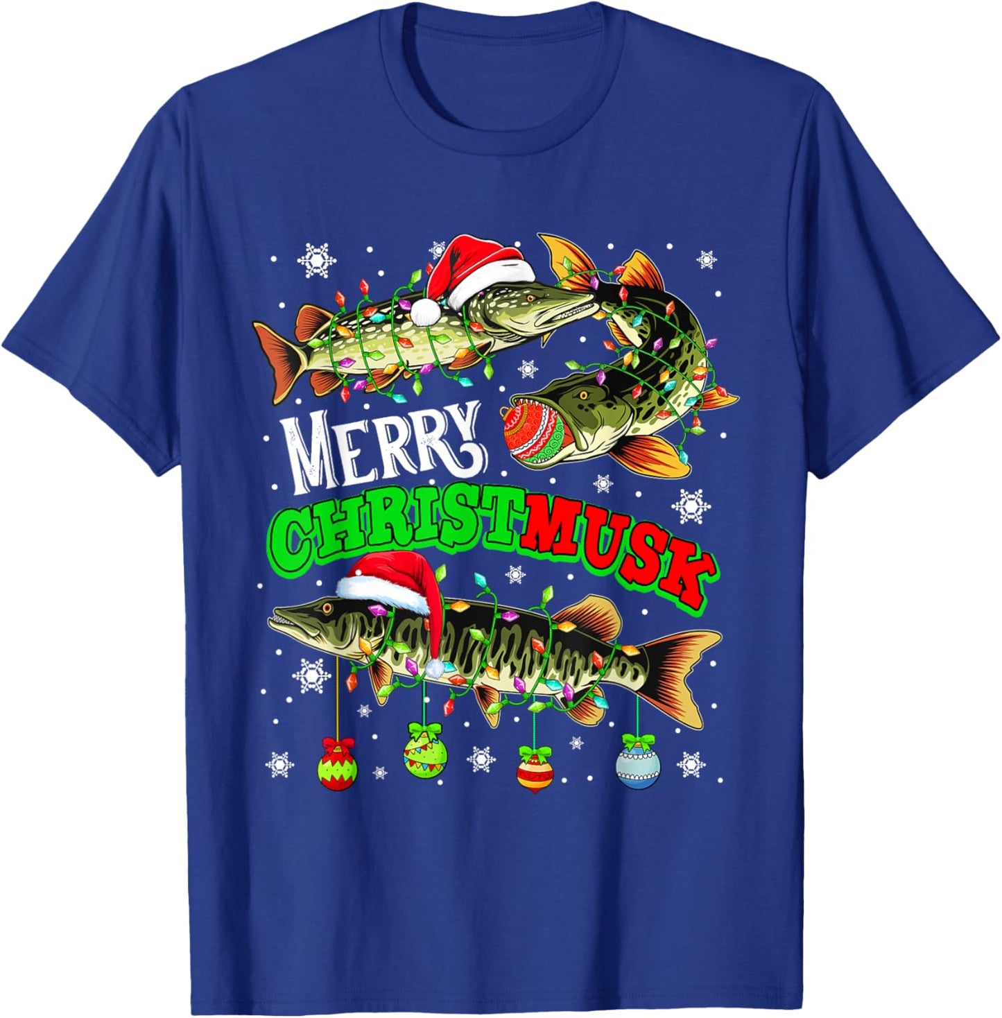 Merry Christmas Musky Three Santa Muskies Fisher Fishing T-Shirt - T-Shirt | Royal