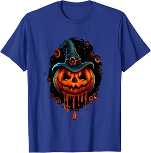 Funny Scary Smiling Pumpkin with Witchs Hat Halloween T-Shirt - T-Shirt | Royal