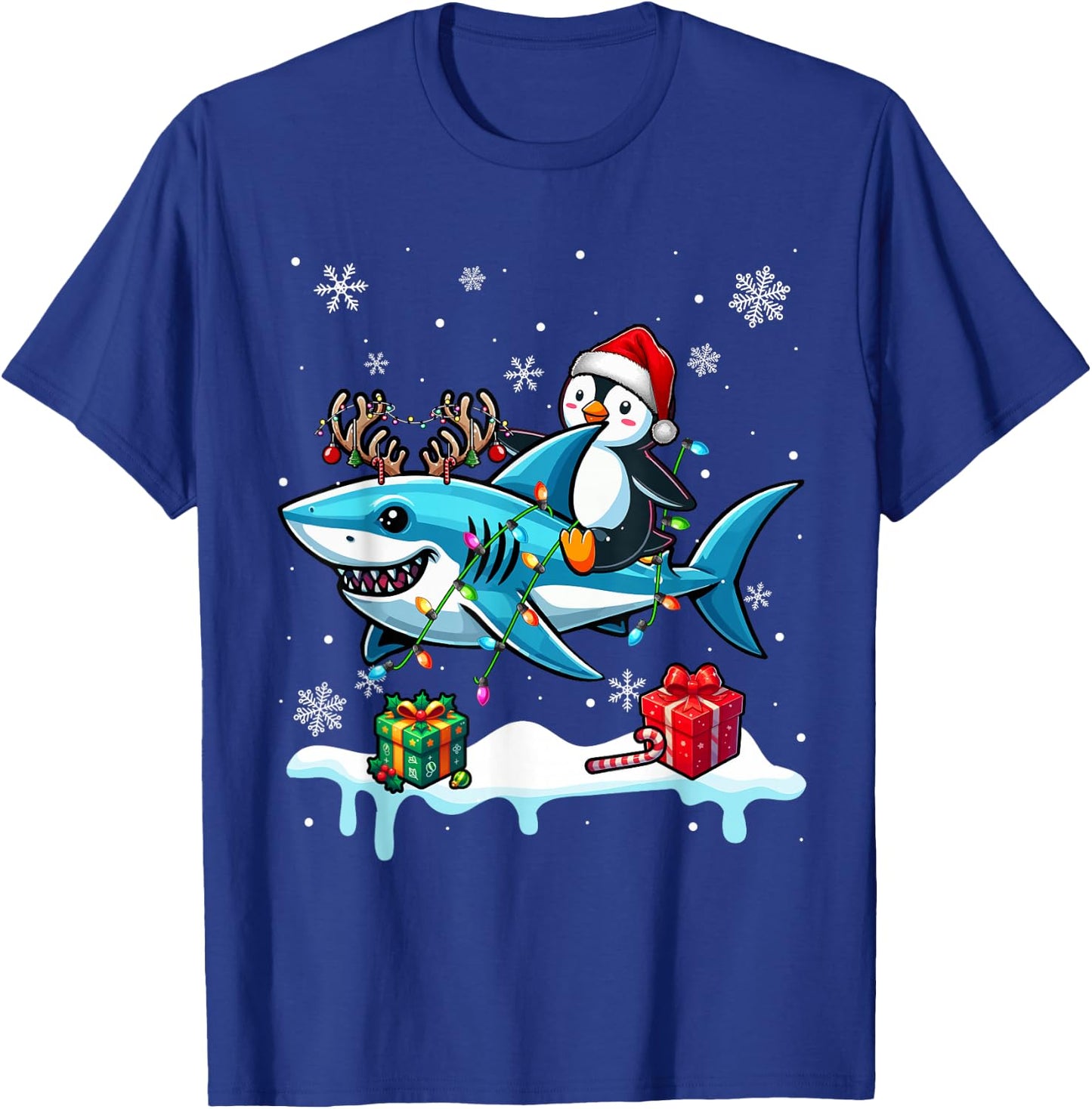 Christmas Santa Penguin Riding Reindeer Shark Lover Kids T-Shirt - T-Shirt | Royal